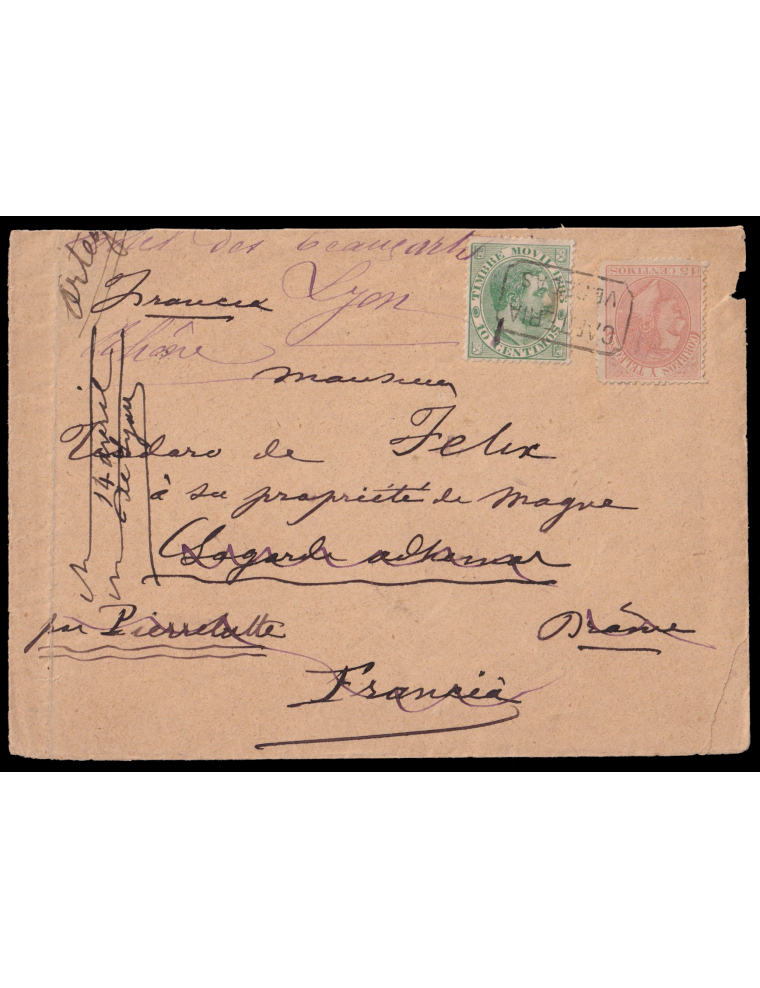 210yfiscal 1885. Veredas (Ciudad Real) a Lagarde (Francia) y reexpedida a Lyon. 15 cts. naranja y 10 cts. verde de timbre móvil 