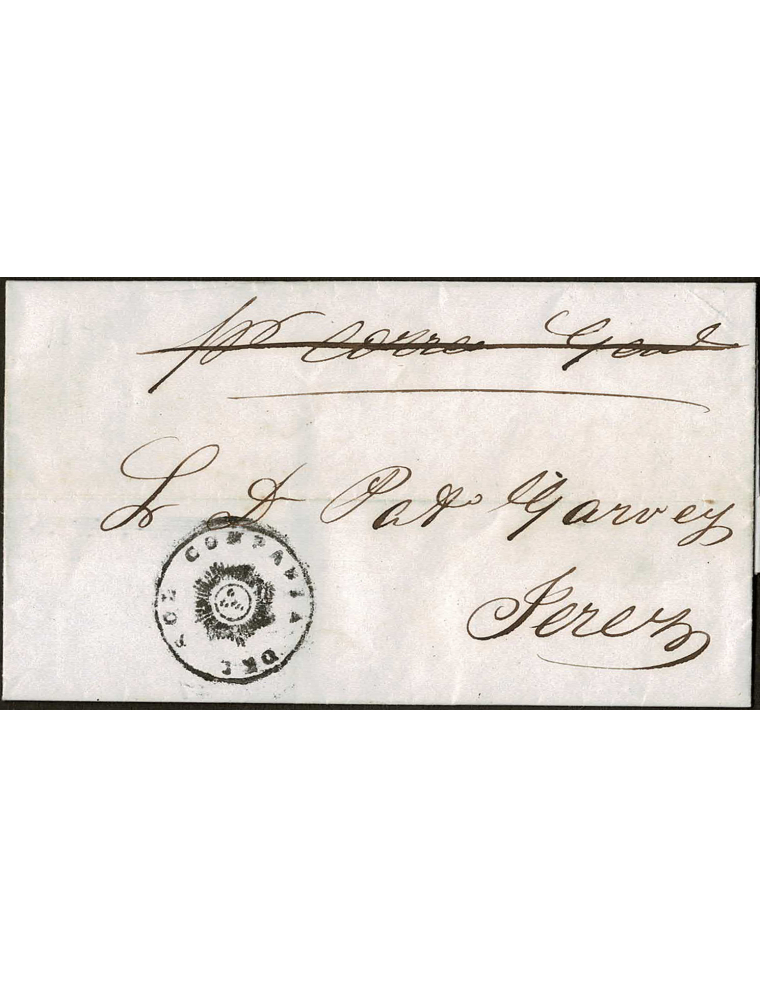 1848 (17 ENE) Cádiz a Jerez. Sobrescrito que en el frente está estampada la marca del cosario de la Compañía del Sol sin adorno 