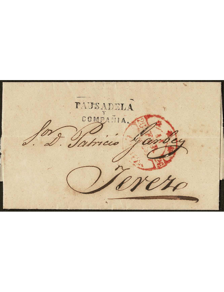 1850 (11 FEB) Cádiz a Jerez. Sobrescrito con la marca del cosario “PAUSADELA Y COMPAÑÍA” en color negro con una estampación de l