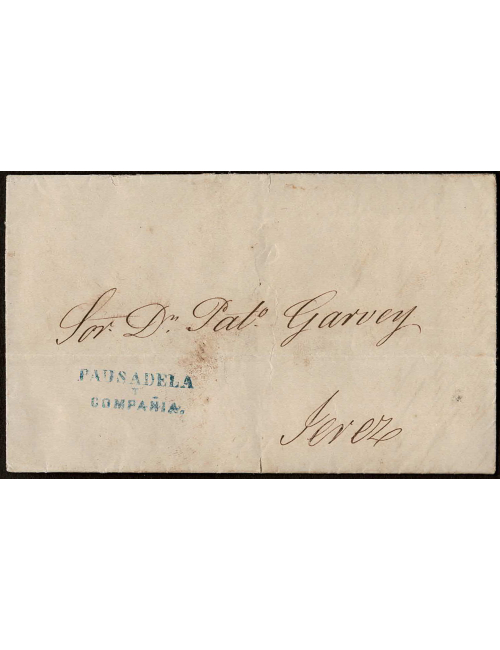 1850 (29 AGO) Cádiz a Jerez. Sobrescrito con la marca del cosario “PAUSADELA Y COMPAÑÍA” en color azul con una estampación de lu