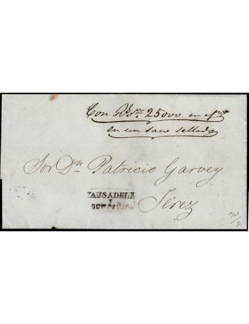 1855 (27 SET) Cádiz a Jerez. Sobrescrito con la marca del cosario “PAUSADELA / Y / COMPAÑIA” en negro y la anotación “Con Rs vn 