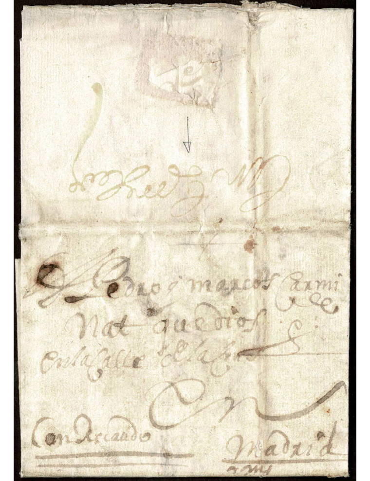 1657 (16 ENE) Toledo a Madrid. Sobrescrito con indicación mns. “con recado” y en el reverso “con Gn Herz”, el propio que llevó u