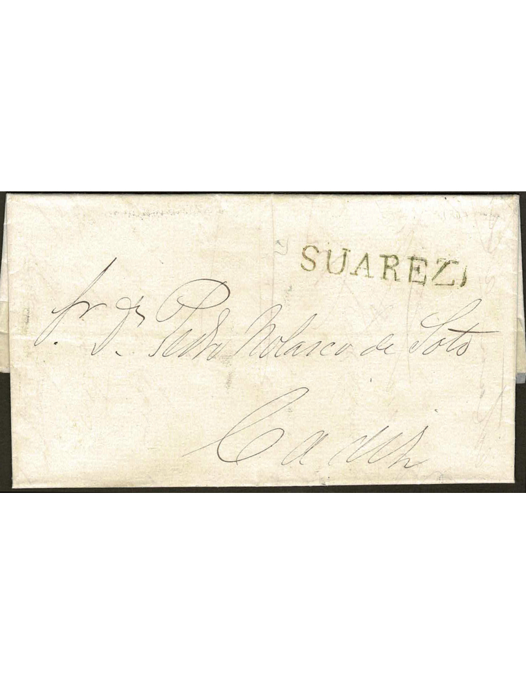 1857 (19 FEB) Jerez a Cádiz. Sobrescrito con la marca del cosario “SUAREZ” muy bien estampada, en la que aprecia que no está bie