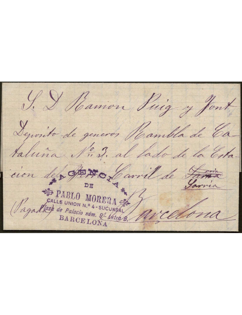 1890 (22 MAR) Vilafranca del Penedès a Barcelona. Sobrescrito conducido por el particular “AGENCIA DE PABLO MORERA” de Barcelona