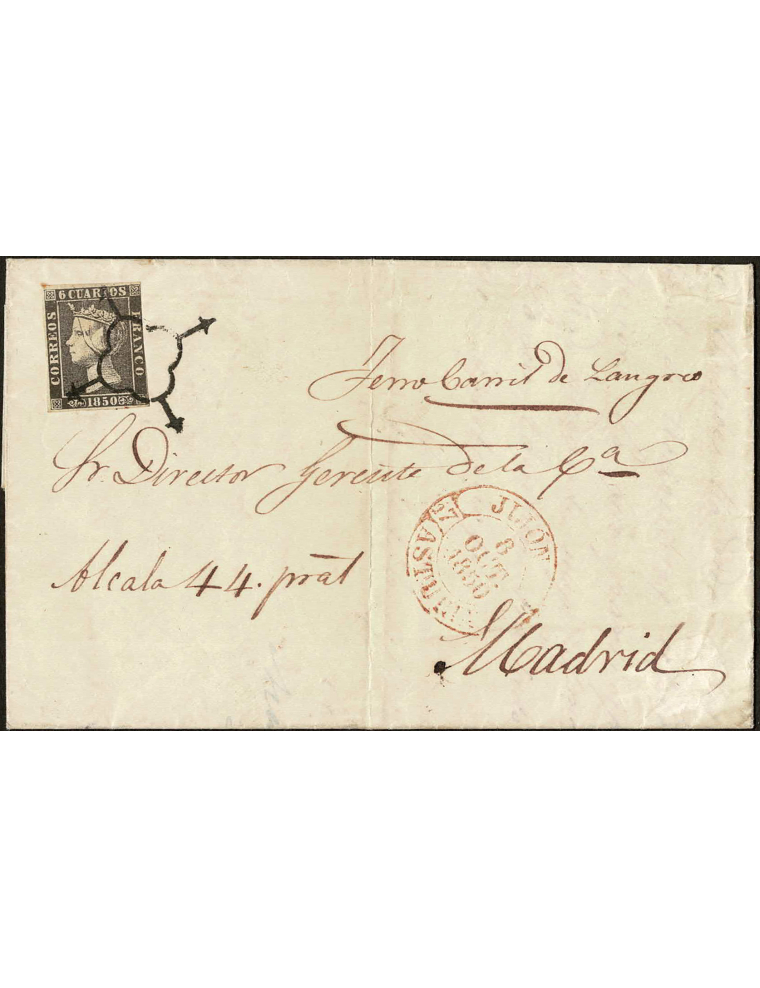1850 (8 OCT) Gijón a Madrid. 6 cuartos negro (II) mat. araña. En el frente fechador en rojo de Gijón. Carta de la oficina del fe