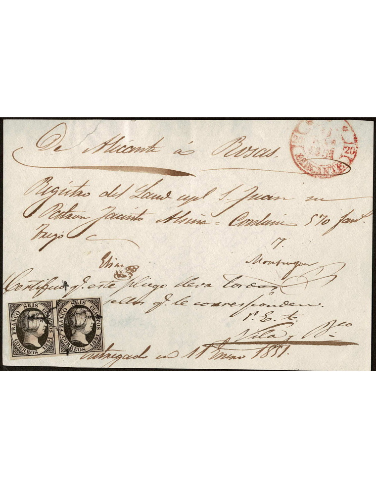 1851 (11 ENE) Alicante a Rosas. Registro de embarque del laúd español San Juan franqueado con dos sellos de 6 cuartos negro mat.