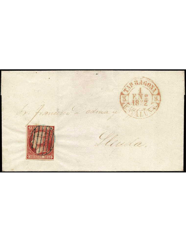 1852 (1 ENE) Tarragona a Lérida. 6 cuartos rosa mat. parrilla en azul. En el frente fechador en rojo. Primer día de circulación.