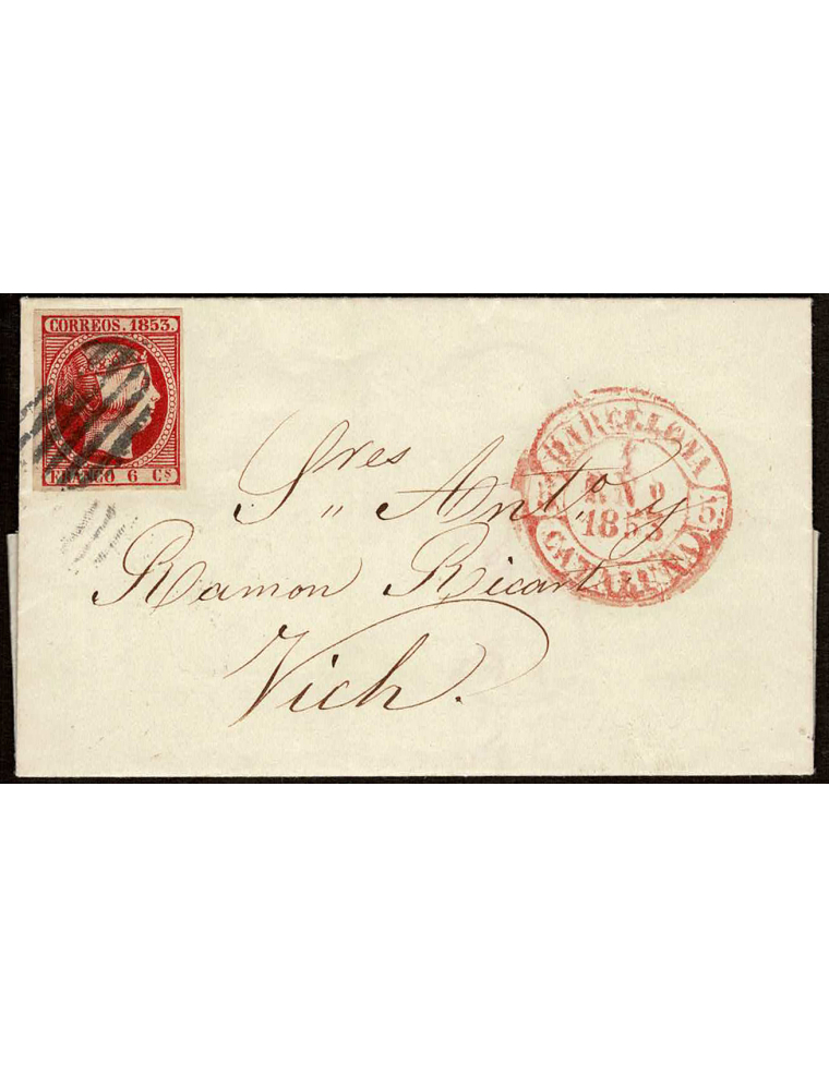 1853 (1 ENE) Barcelona a Vic. 6 cuartos rojo mat. parrilla. En el frente fechador. Primer día de circulación. Bonita y rara cart