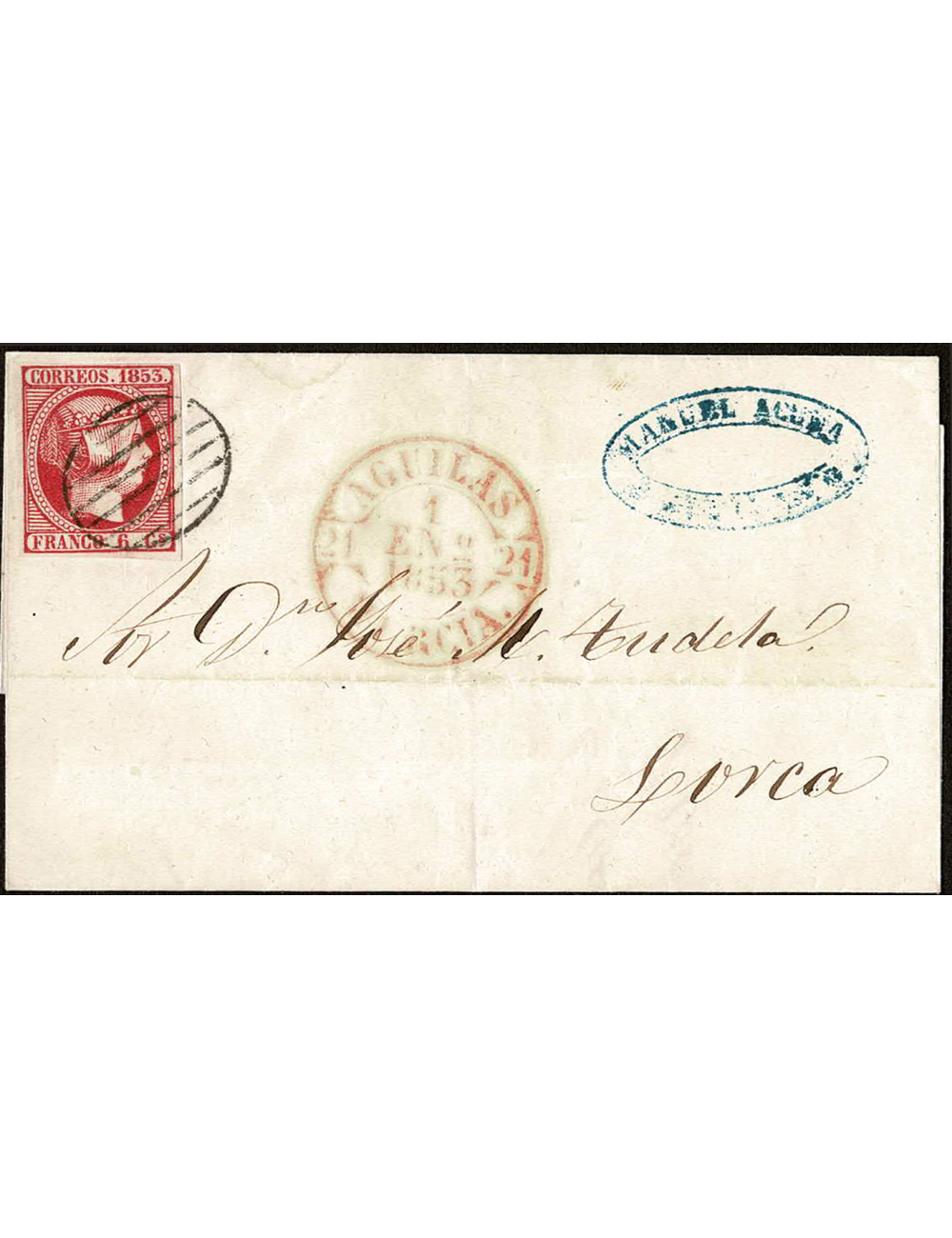 1853 (1 ENE) Águilas a Lorca. 6 cuartos rojo mat. parrilla. En el frente fechador. Primer día de circulación. Envuelta de lujo.