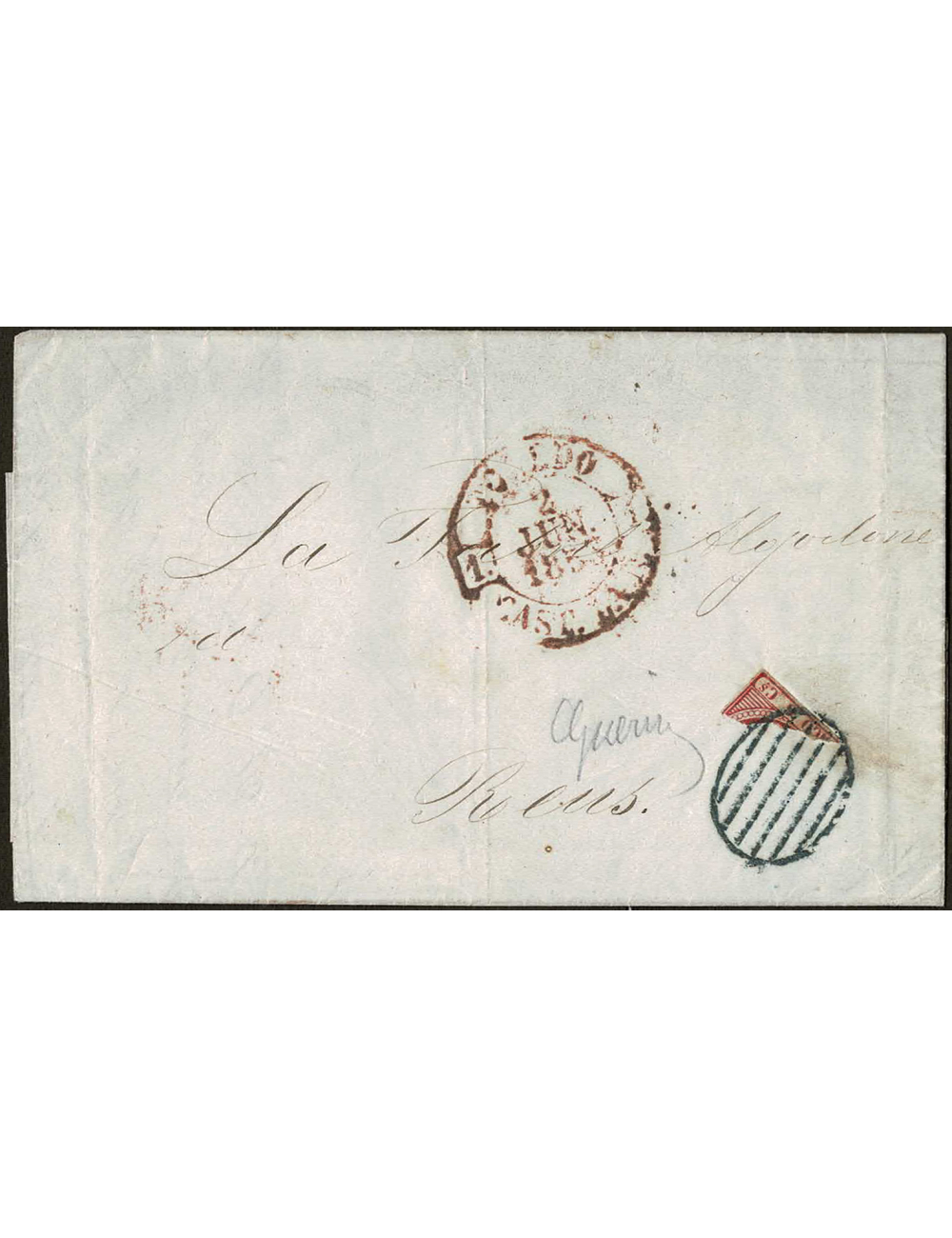 1853 (2 JUN) Toledo a Reus. Sobrescrito franqueado con una porción del sello de 6 cuartos de 1853 y cancelado con la parrilla ne