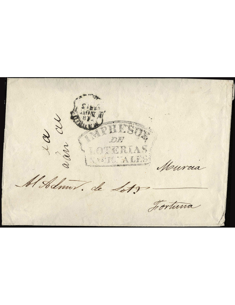 1853 (18 NOV) Madrid a Murcia. Sobre confeccionado a mano, que en el frente se ha estampado el sello de “IMPRESOS DE LOTERIAS NA