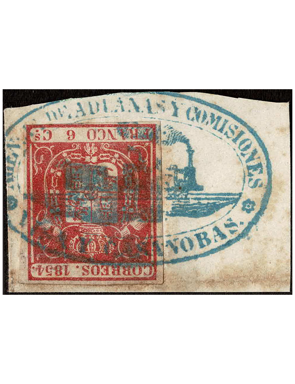 1854. 6 cuartos carmín sobre pequeño fragmento que reproduce toda la marca “VISA Y CASANOBAS” del ferrocarril. Pieza de lujo.