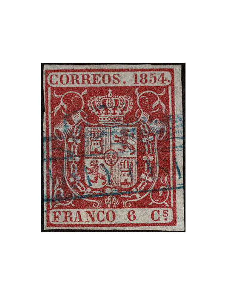 1854. 6 cuartos carmín con la marca del ferrocarril “VISA Y CASANOVAS” . Cert. Graus (1998).