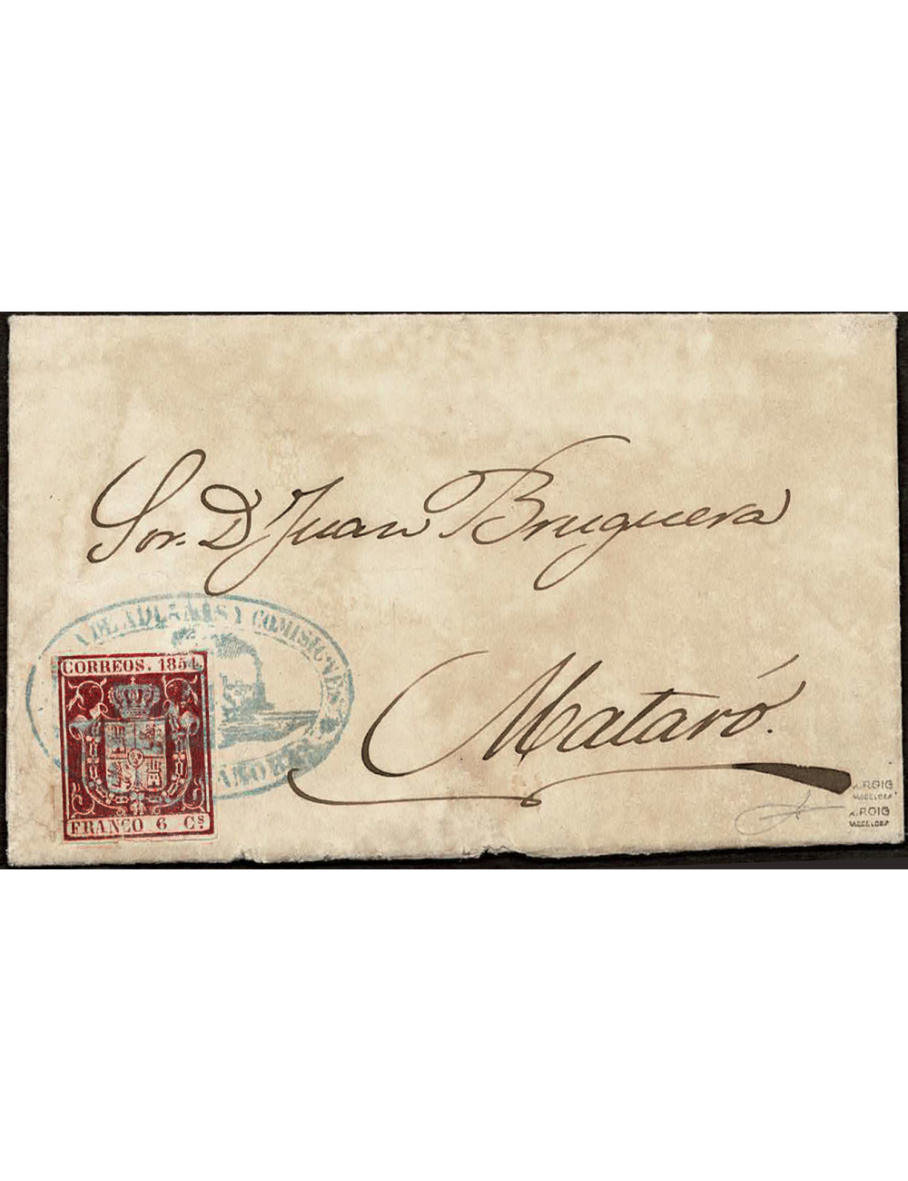 1854 (27 ENE) Lloret de Mar (Girona) a Barcelona. Carta franqueada con sello 6 cuartos carmín y cancelada con la marca “VISA Y C