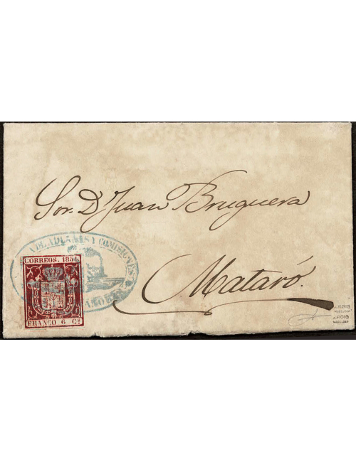 1854 (27 ENE) Lloret de Mar (Girona) a Barcelona. Carta franqueada con sello 6 cuartos carmín y cancelada con la marca “VISA Y C