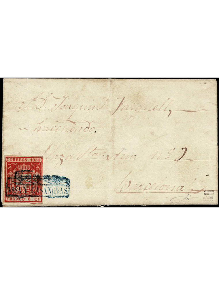 1854 (5 MAY) Barcelona a Mataró. Carta franqueada con sello 6 cuartos carmín y cancelada con la marca “VISA Y CASANOBAS” de la C