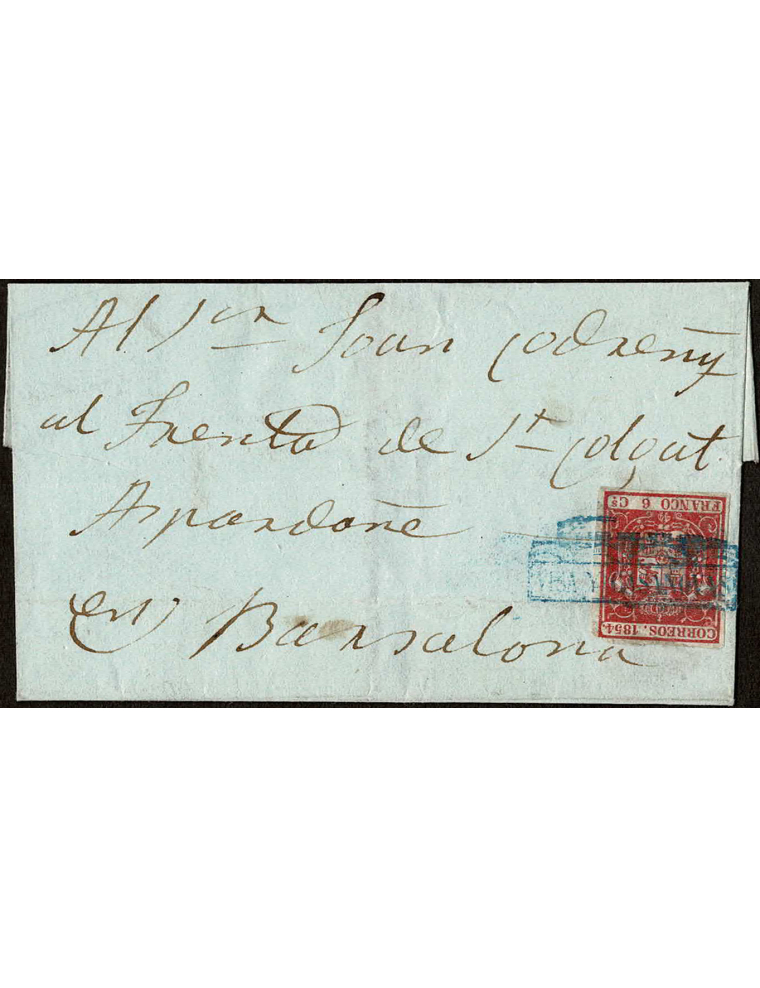 1854 (23 JUN) Carta de Mataró a Barcelona, franqueada con sello de 6 cuartos carmín cancelada con la marca “VISA Y CASANOVAS” de