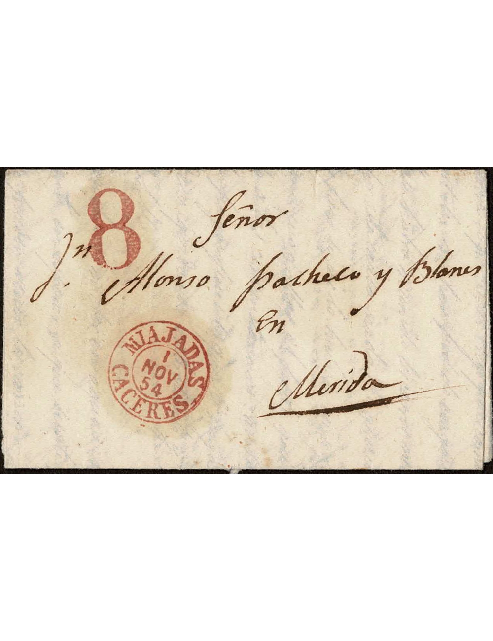 1854 (1 NOV) Miajadas a Mérida. Carta sin franquear y, por tanto, con la nueva tarifa de 1 de noviembre de 1854 debía pagar 8 cu