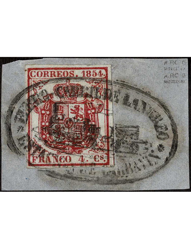 1854. 4 cuartos carmín sobre pequeño fragmento que reproduce toda la marca del ferrocarril de Langreo, estación de Carbayín. Pie