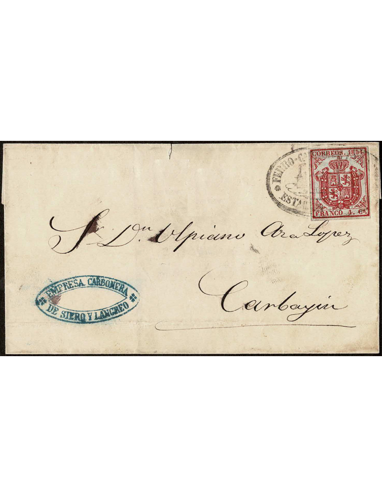 1854 Gijón a Carbayín. 4 cuartos carmín. Carta con la marca del ferrocarril de Langreo Estación de Gijón con una estampación de 