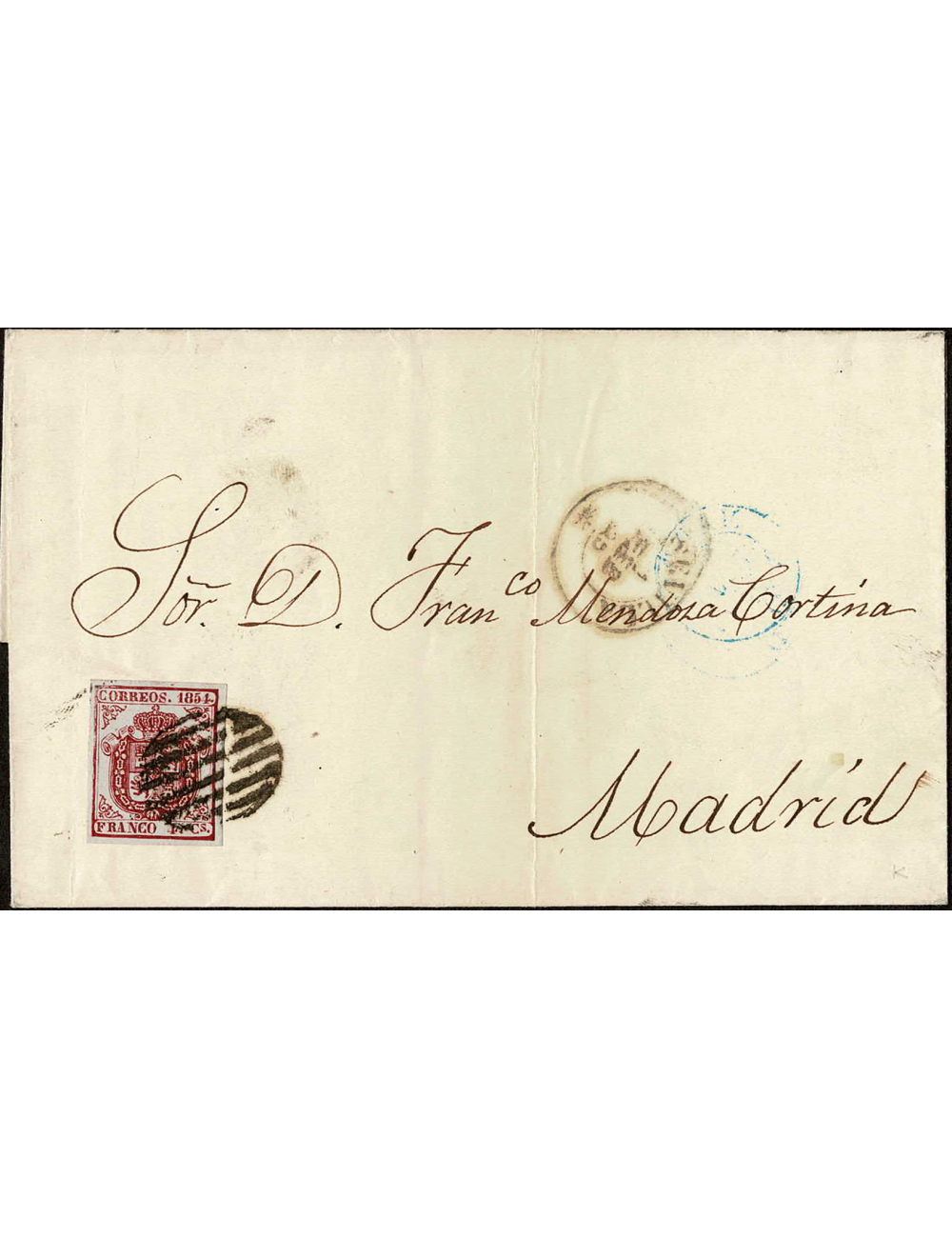 1855 (1 FEB) Sevilla a Madrid. 4 cuartos carmín, falso postal de Sevilla. Mat. parrilla. En el frente fechador tipo I en negro a
