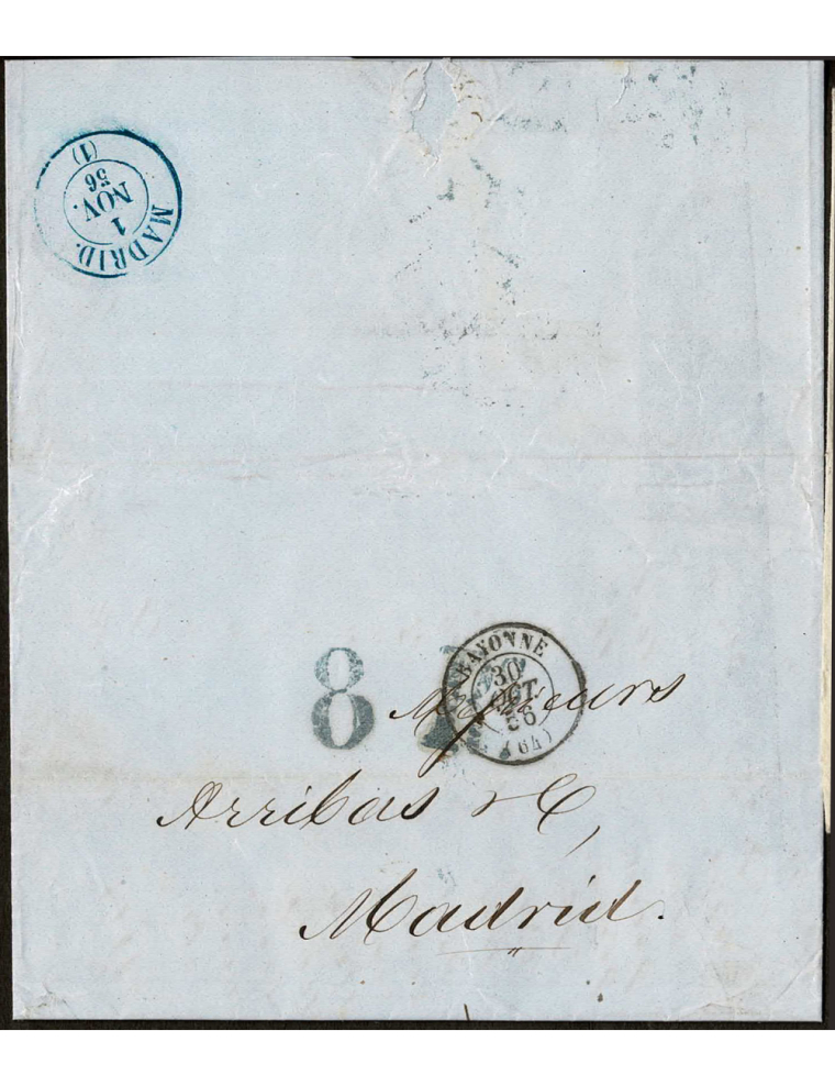 1856 (30 OCT) Bayona (Francia) a Madrid. Carta porteada con 8 reales (cuádruple porte) en cuyo reverso se estampó el rarísimo fe