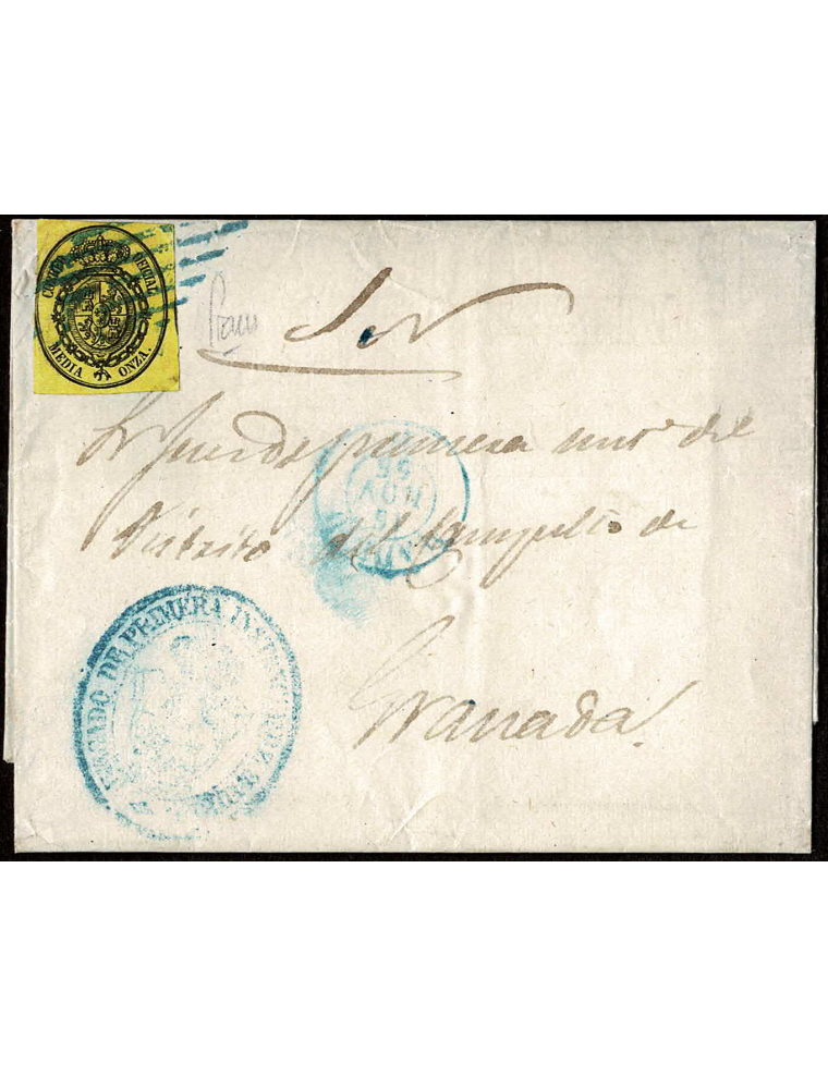 1856 (16 NOV) Madrid a Granada. Envuelta del S.N. franqueada con un sello de media onza mat. rejilla en azul de la capital. Se t