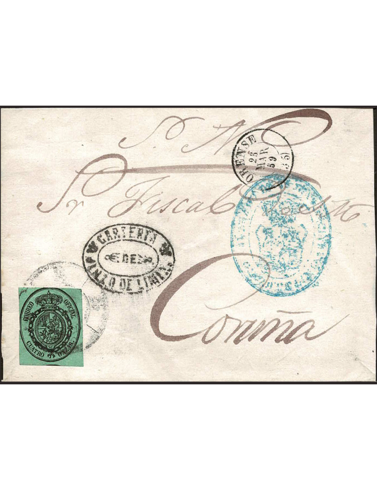 1859 (25 MAR) Ginzo de Limia a Coruña. Envuelta franqueada con un sello de cuatro onzas del Correo Oficial con la marca de carte