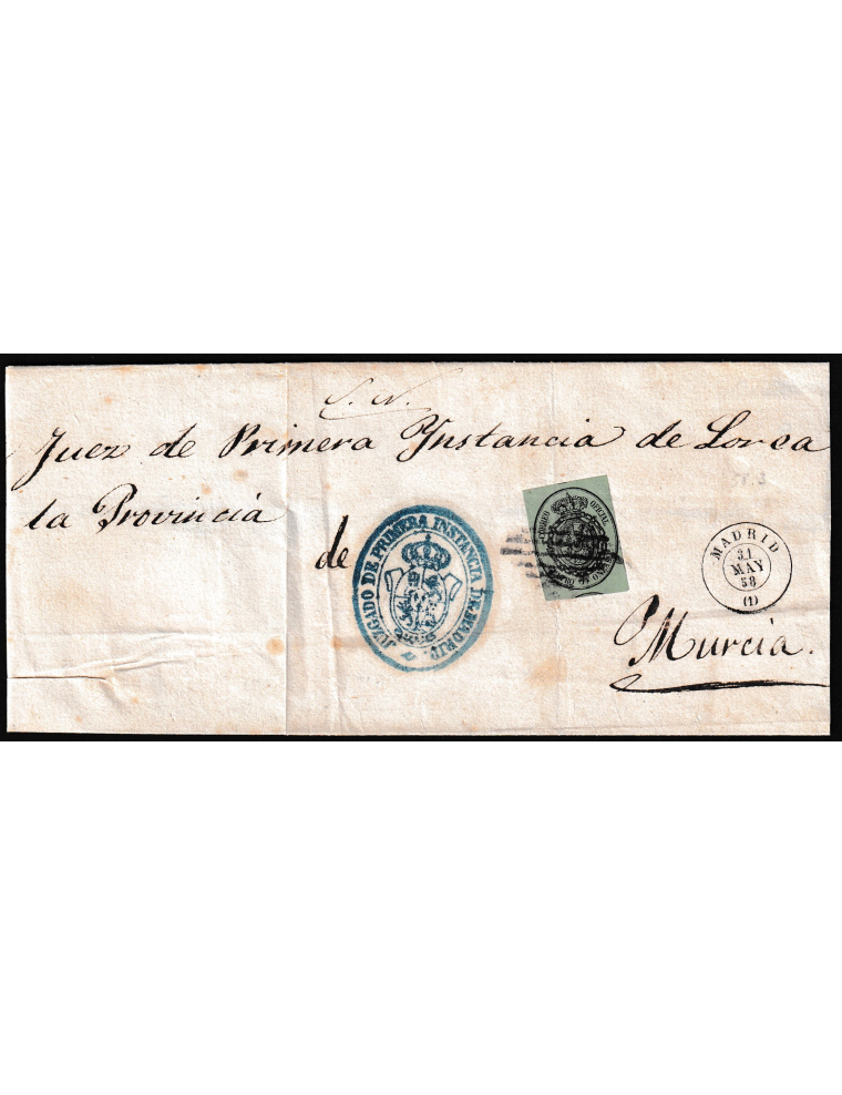 1858 (31 MAY) Envuelta judicial de Madrid a Murcia, franqueada con un sello del S.N. de cuatro onzas mat. rejilla en negro de Ma