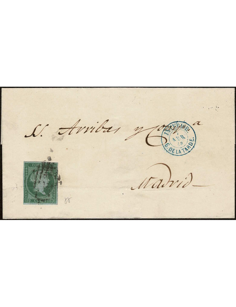 1858 (7 ABR) Correo interior de Madrid sello de 2 cuartos verde filigrana lazos mat. rejilla. En el frente fechador “INTERIOR / 