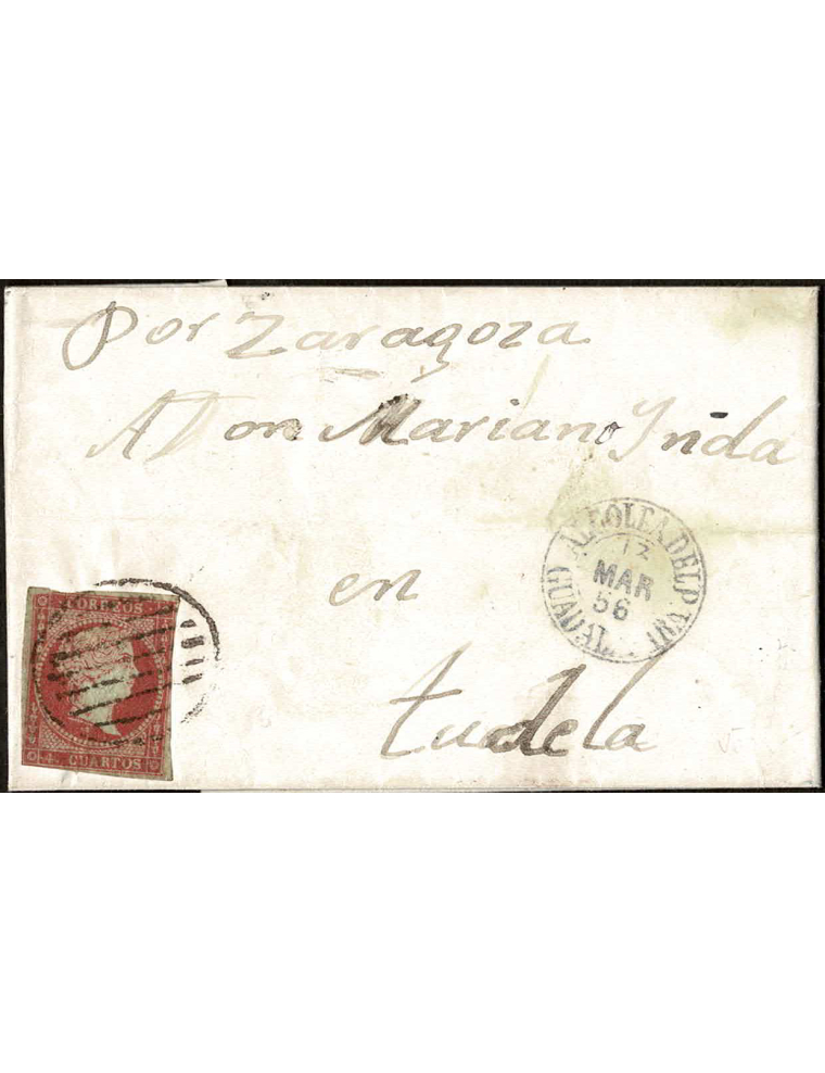 1856 (13 MAR) Alcolea del Pinar a Tudela. 4 cuartos rojo mat. parrilla especial en tinta de escribir. En el frente fechador tipo