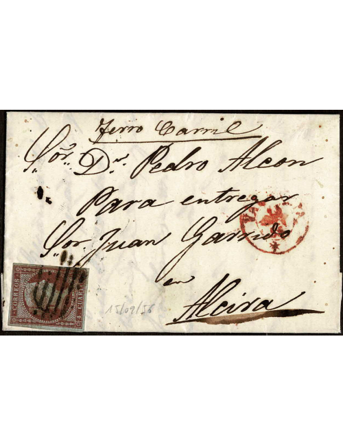 1856 (15 SET) Valencia a Alcira. Sobrescrito que en el frente tiene el manuscrito “Ferrocarril”. Ello indica la carta circuló po