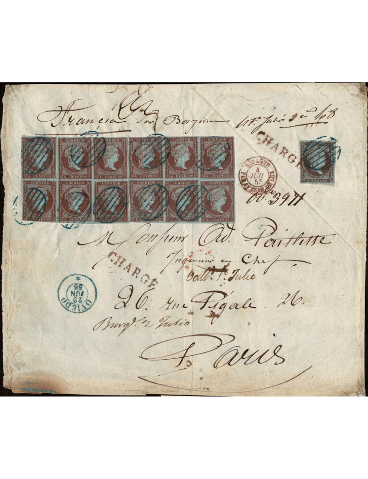 1855 (29 JUN) Carta certificada de Oviedo a París, con tomas de razón en Valladolid (1 JUL) , Burgos (2 JUL) , Bayona (3 JUL)…