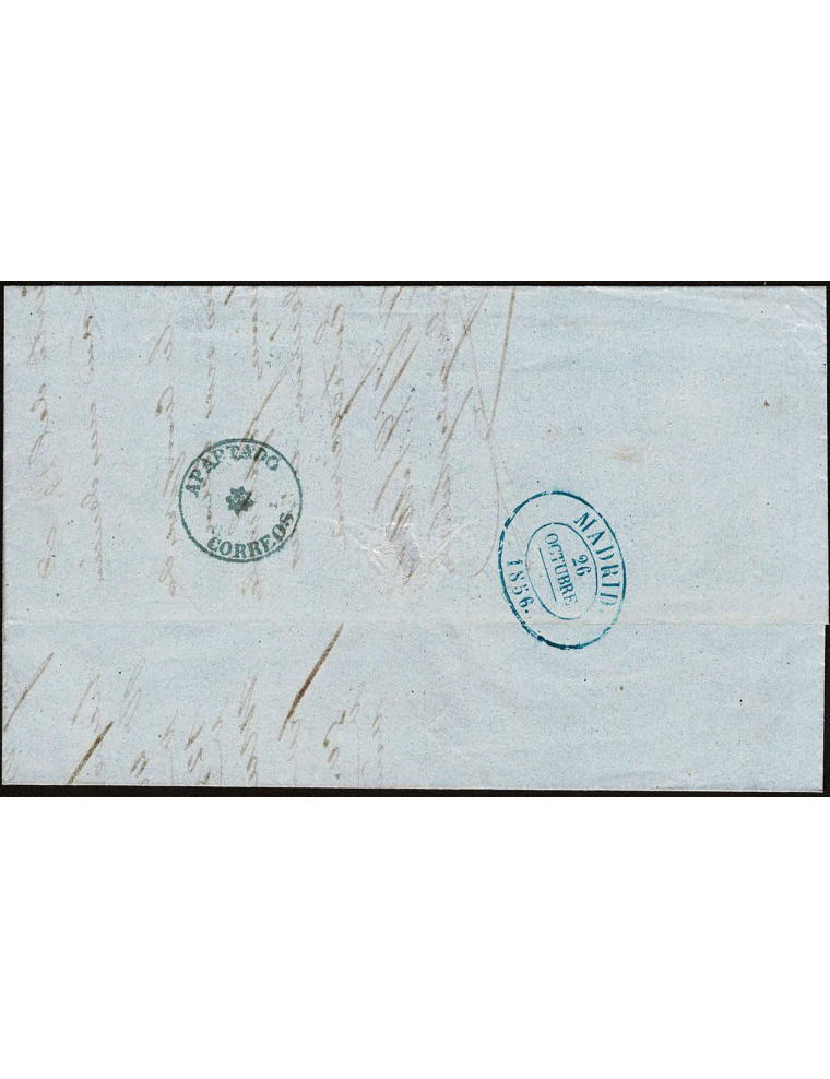 1856 (24 OCT) Bayona (Francia) a Madrid. Sobrescrito porteado en destino con 2 reales (carta sencilla de Francia). En el reverso