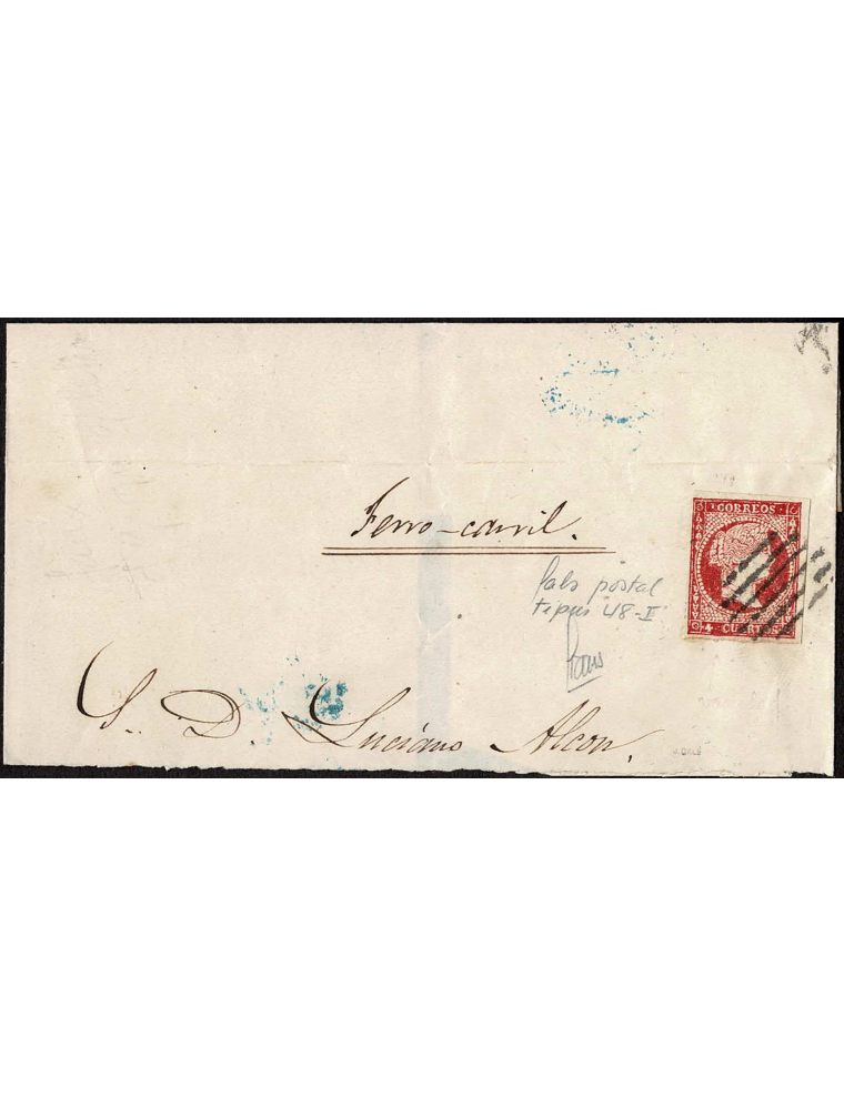 1856 (29 AGO) Málaga (¿?) a Cádiz. 4 cuartos rojo, falso postal tipo I, mat. parrilla abierta en negro de Málaga. Fragmento de c