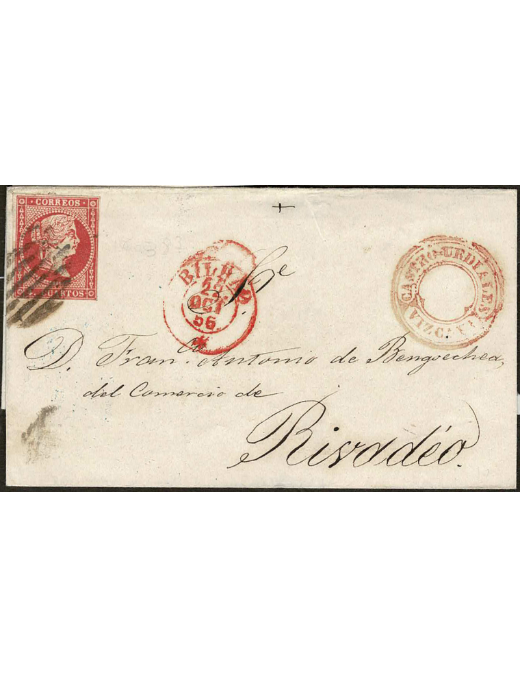 1856 (25 OCT) Castro Urdiales a Ribadeo. 4 cuartos rojo mat. parrilla. En el frente fechador tipo I en rojo de Bilbao y marca pr