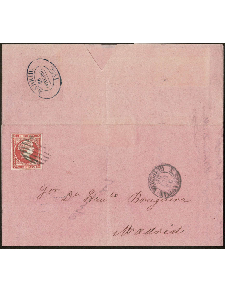 1856 (25 OCT) San Sebastián a Madrid. 4 cuartos rojo mat. parrilla. En el frente fechador tipo I en azul de San Sebastián. Inhab