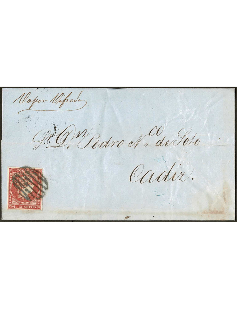 1857 (8 JUL) Málaga a Cádiz. 4 cuartos rojo mat. parrilla. Indicación mns. “Vapor Almogavar”. Rara e interesante envuelta con in