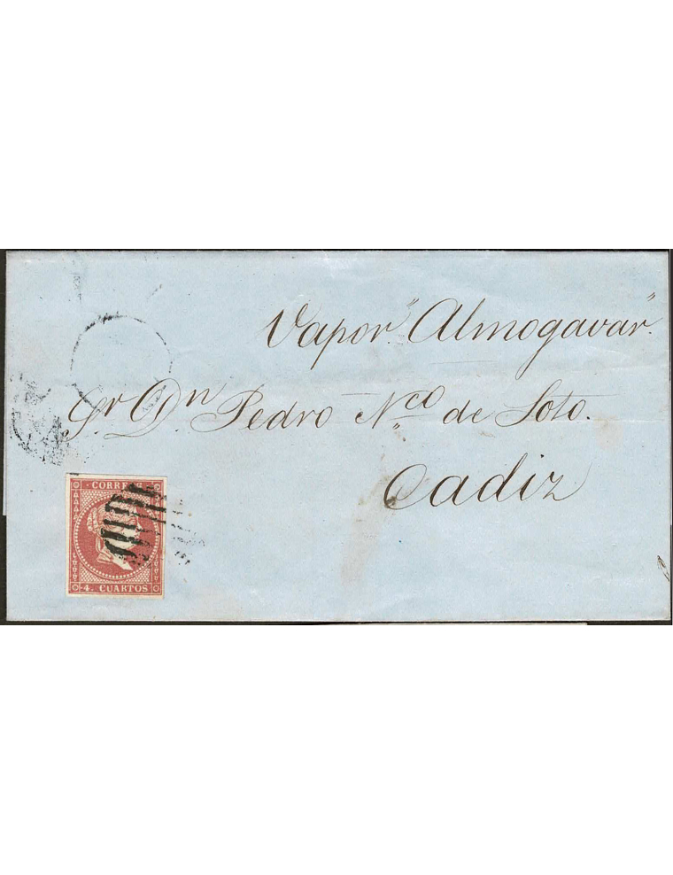 1857 (30 JUL) Málaga a Cádiz. Envuelta transportada por vapor, según se señala en el manuscrito al frente: “Vapor Almogavar”. Mu