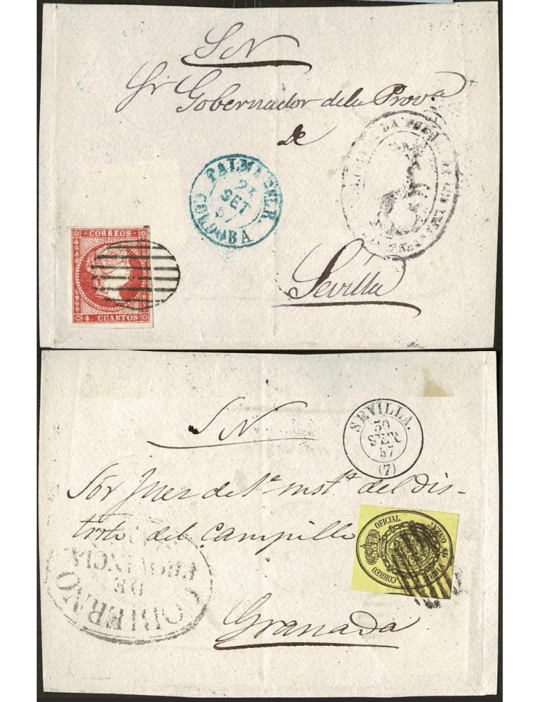 1857 (25/30 SET) Palma del Rio (Sevilla) a Granada. Frontal de doble uso. De Palma del Rio a Sevilla con franqueo de 4 cuartos r