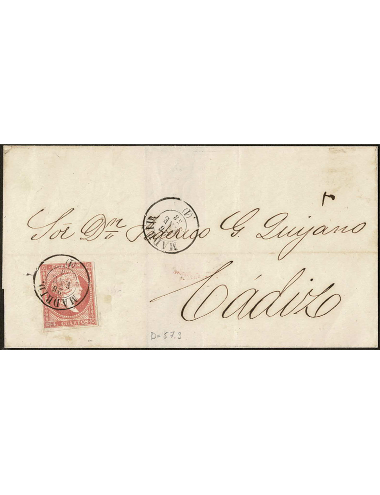 1858 (26 ENE) Madrid a Cádiz. 4 cuartos rojo mat. fechador tipo de 1857 sin punto que se repite en el frente. Rarísima y de lujo