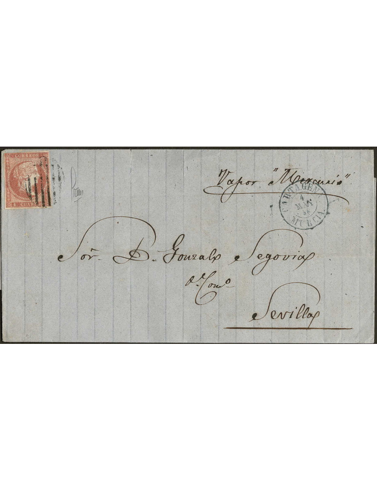 1858 (4 MAY) Cartagena a Sevilla. 4 cuartos rojo mat. parrilla. En el frente fechador en azul. Indicación mns. “Vapor Mercurio”.