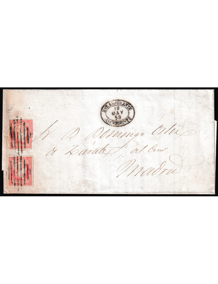 1858 (18 MAY) Alicante a Madrid. 4 cuartos rojo, dos ejemplares mat. rejilla y en el frente fechado ovalado “EST. AMBULANTE / 18