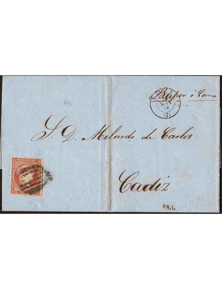1858 (25 MAY) Sevilla a Cádiz. 4 cuartos rojo mat. parrilla. En el frente fechador dirigido a Abelardo de Carlos, postalmente fa