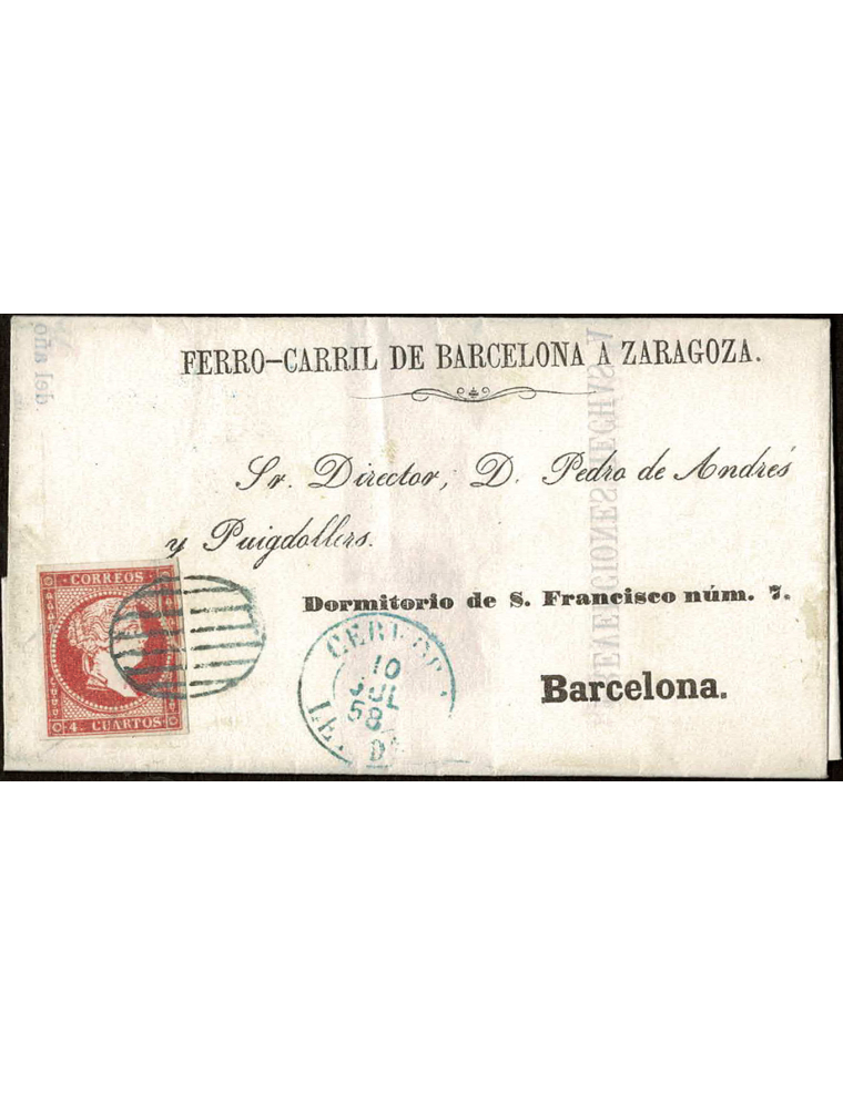 1858 (10 JUL) Cervera a Barcelona. 4 cuartos rojo mat. parrilla y en el frente fechador, ambos en azul de Cervera. Sobrescrito d