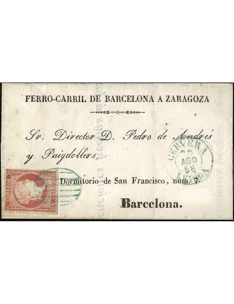 1858 (25 AGO) Cervera a Barcelona. 4 cuartos rojo mat. parrilla y en el frente fechador, ambos en azul de Cervera. Sobrescrito d