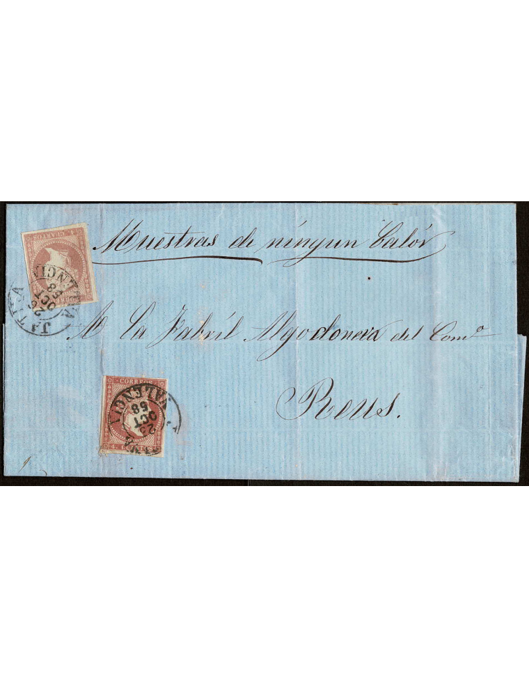 1858 (23 y 26 OCT) Játiva a Reus. 4 cuartos rojo mat. fechador tipo I en ambos sellos. Franqueo reclamado por insuficiencia de f