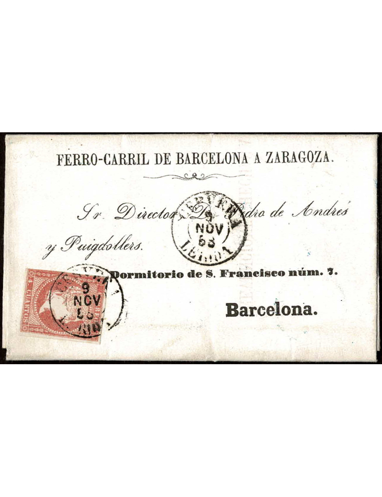 1858 (9 NOV) Cervera a Barcelona. 4 cuartos rojo mat. fechador tipo I en negro de Cervera que se repite en el frente. Sobrescrit