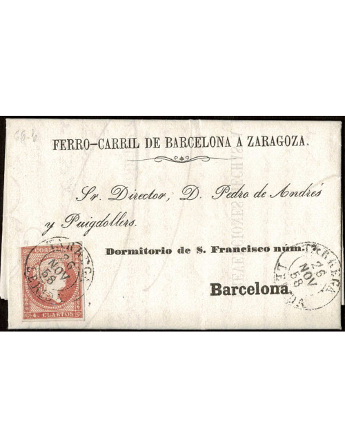 1858 (26 NOV) Tárrega a Barcelona. 4 cuartos rojo mat. fechador tipo I en negro de Tárrega que se repite en el frente. Sobrescri