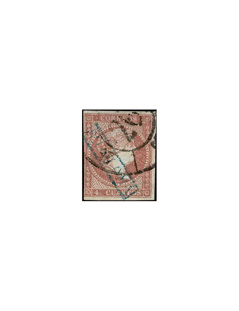 1859 Sello de 4 cuartos rojo mat. marca de cartería de “SA COLOMA” en azul y la RC”26” de Girona, como era habitual, dado que en